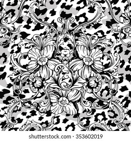 Eclectic fabric seamless pattern. Animal background with baroque ornament. Vector illustration