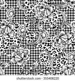 Eclectic fabric seamless pattern. Animal and plaid background with baroque ornament. Vector illustration