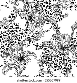 Eclectic fabric seamless pattern. Animal background with baroque ornament. Vector illustration