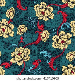Eclectic fabric seamless pattern. Animal background with baroque ornament. Vector illustration