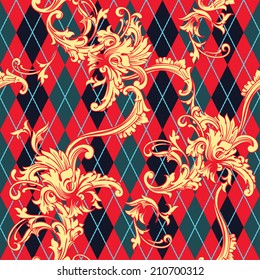 Eclectic fabric seamless pattern. Argyle background with baroque ornament