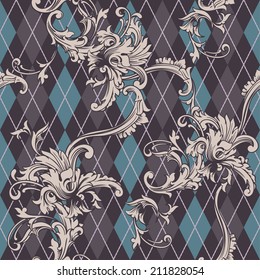 Eclectic fabric seamless pattern. Argyle background with baroque ornament