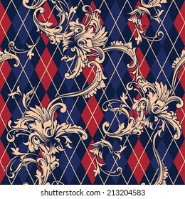 Eclectic fabric seamless pattern. Argyle background with baroque ornament 