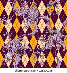 Eclectic fabric seamless pattern. Argyle background with baroque ornament 