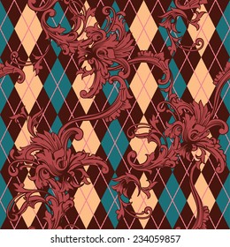 Eclectic fabric seamless pattern. Argyle background with baroque ornament