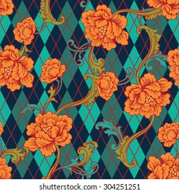 Eclectic fabric seamless pattern. Argyle background with baroque ornament