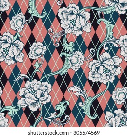 Eclectic fabric seamless pattern. Argyle background with baroque ornament