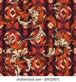 Eclectic fabric seamless pattern. Ethnic background with baroque ornament.