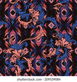 Eclectic fabric seamless pattern. Ethnic background with baroque ornament.