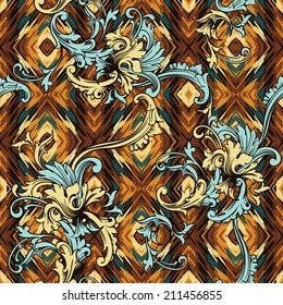 Eclectic fabric seamless pattern. Ethnic background with baroque ornament