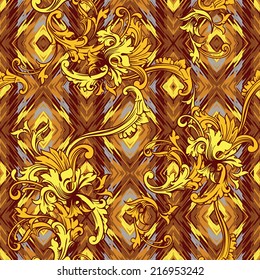 Eclectic fabric seamless pattern. Ethnic background with baroque ornament. 