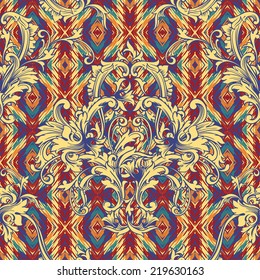 Eclectic fabric seamless pattern. Ethnic background with baroque ornament.