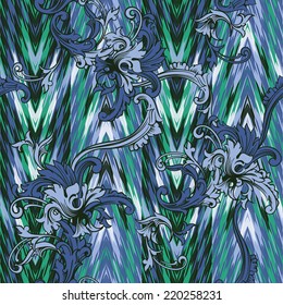 Eclectic fabric seamless pattern. Ethnic background with baroque ornament. 