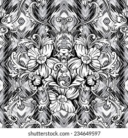 Eclectic fabric seamless pattern. Ethnic background with baroque ornament. 