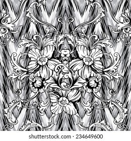 Eclectic fabric seamless pattern. Ethnic background with baroque ornament. 