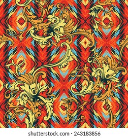 Eclectic fabric seamless pattern. Ethnic background with baroque ornament. 