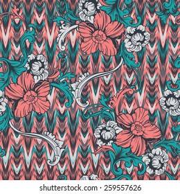 Eclectic fabric seamless pattern. Ethnic background with baroque ornament. 