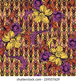 Eclectic fabric seamless pattern. Ethnic background with baroque ornament. 