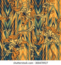 Eclectic fabric seamless pattern. Ethnic background with baroque ornament.