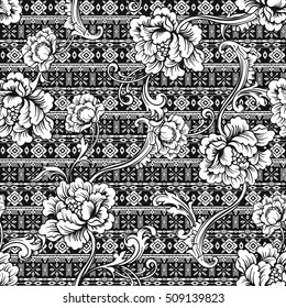 Eclectic fabric seamless pattern. Ethnic  background with baroque ornament. Vector illustration