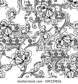 Eclectic fabric seamless pattern. Ethnic  background with baroque ornament. Vector illustration