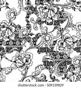 Eclectic fabric seamless pattern. Ethnic  background with baroque ornament. Vector illustration