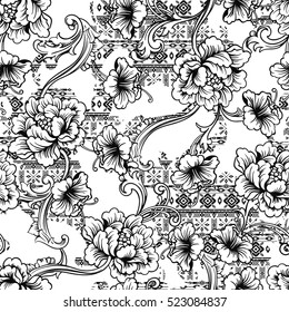 Eclectic fabric seamless pattern. Ethnic background with baroque ornament. Vector illustration.