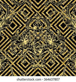 Eclectic fabric seamless pattern. Geometric glitter background with baroque ornament. Vector illustration
