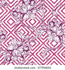 Eclectic fabric seamless pattern. Geometric glitter background with baroque ornament. Vector illustration