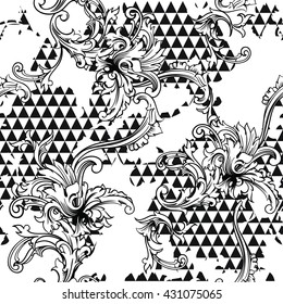 Eclectic fabric seamless pattern. Geometric background with baroque ornament. Vector illustration