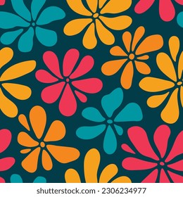 Eclectic floral seamless vector pattern. Modern, contemporary abstract flowers on a dark blue backdrop. Cool funky design with teal, pink, orange and yellow colors.