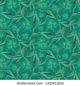 Eclectic flowers and leaves green sketched seamless vector pattern. Abstract floral hand drawn mint repeat texture background for textile print.
