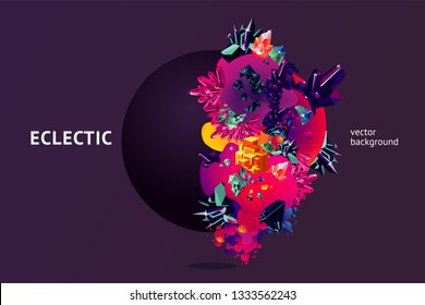 Eclectic futuristic background with 3d object. Bright crystal texture. Chaotic minimal design element for banners, posters and landing page.