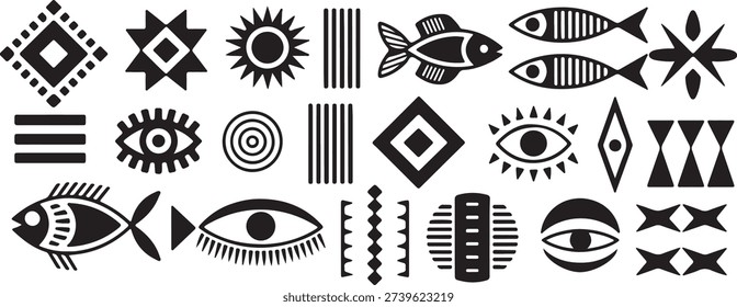 An eclectic grid of black symbols, encompassing stylized fish, watchful eyes, and distinctive geometric tribal patterns arranged beautifully.