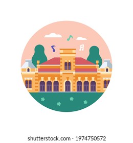 Eclectic historical palace circle icon inspired by Castle Edseg building in Novi Sad. Abstract french chateau illustration in flat design.