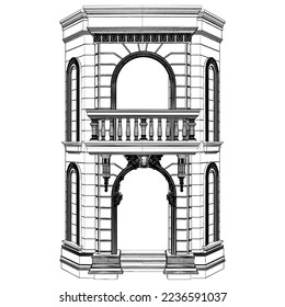 Eclectic House Corner Eingang Vektor 15. Einzelne Illustration auf weißem Hintergrund. Eine Vektorgrafik eines Eckgebäudes mit Balkon.