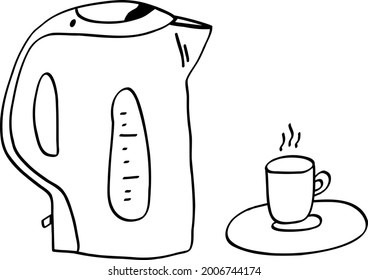 Eclectic kettle and cup with drink vector illustration. Outlined shapes. Teatime pieces.