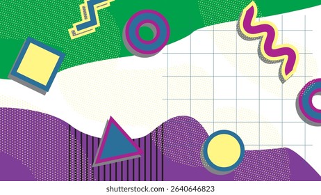Eclectic Memphis style background with vibrant geometric shapes,squiggles,and grid patterns.Suitable for dynamic presentations,retro-themed marketing,or playful digital art, embodying a bold