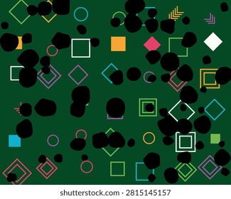 Eclectic mix of bold black organic blobs squares and diamonds on deep green canvas for creative projects.