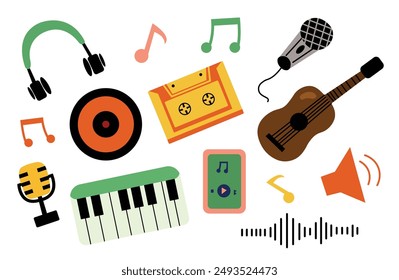 Eclectic mix of colorful musical elements flat design illustration