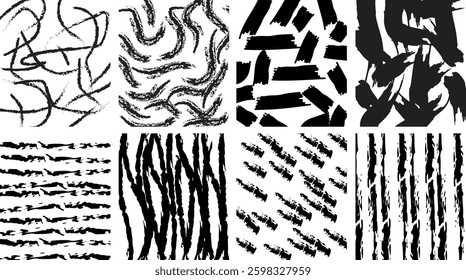 Eclectic monochrome brush stroke collection presenting a diverse assortment of vector grunge textures for artistic design and impactful visual communication