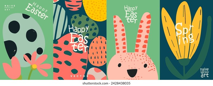 Eclectic naive art vector illustrations capturing the essence of Easter and Spring with stylized eggs, a cute rabbit face, and bright floral elements accompanied by joyful greetings.