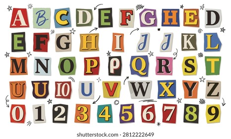 Eclectic set of ransom note style alphabet characters and numbers featuring various fonts colors and textures from magazine cutouts perfect for creating anonymous letters mysterious notes and collage art projects with retro aesthetic and unique typographical elements.