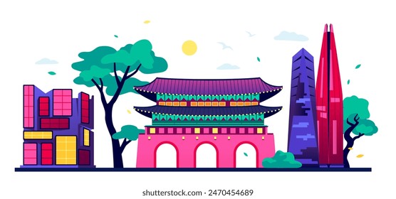 Eclectic styles of architecture in Korea - modern colored vector illustration with Gangnam Underground Shopping area, Lotte World and Northeast Asia Trade Tower in Seoul, Palace Complex and trees