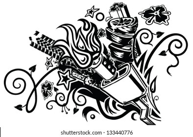 An eclectic tattoo-like graphic element featuring a car muffler as well as assorted floral, botanical, tribal, automotive, splatter, flame, and geometric elements.
