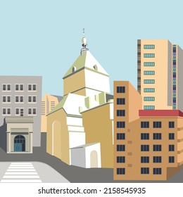 Eclectic urban landscape. Multi-storey residential buildings of different styles. Church.