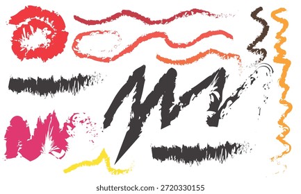 Una variedad ecléctica de Elementos multicolores pintados a mano, incluyendo remolinos y zig-zags, aptos para diseños creativos y gráficos decorativos.