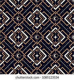 Eclipse of the Essense. Seamless pattern with moon, stars and golden lattice in esoteric style. Alchemy, space, spirituality, mysticism.