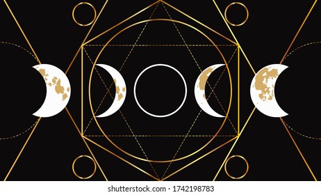 Eclipse of the moon flat image on a black background with a geometric golden pattern. Astrological signs of the moon phase.