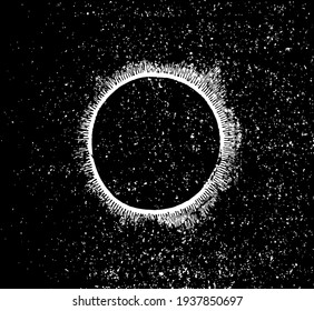 Eclipse occurs when moon's shadow blocks the Earth's Surface or Moon moves into Earth's Shadow, vintage line drawing or engraving illustration